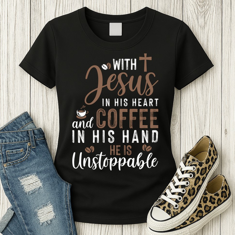 With Jesus In His Heart And Coffee In His Hand He Is Unstoppable Womens T-Shirt
