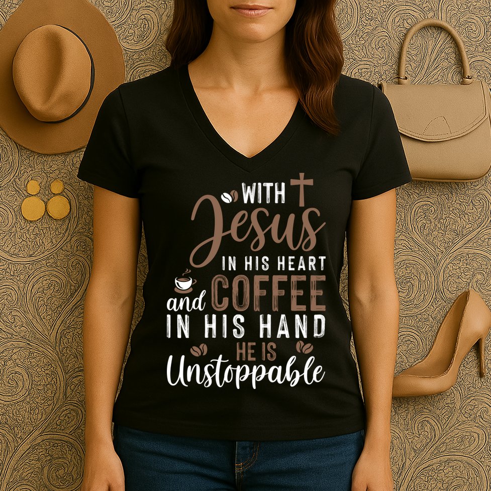 With Jesus In His Heart And Coffee In His Hand He Is Unstoppable Women's V-Neck T-Shirt