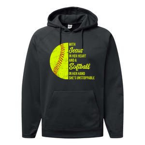 With Jesus In Her Heart Softball Gift Performance Fleece Hoodie