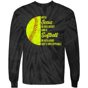 With Jesus In Her Heart Softball Gift Tie-Dye Long Sleeve Shirt