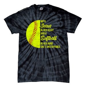 With Jesus In Her Heart Softball Gift Tie-Dye T-Shirt