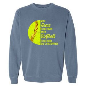 With Jesus In Her Heart Softball Gift Garment-Dyed Sweatshirt