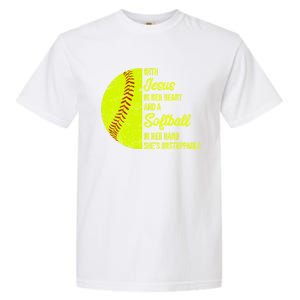 With Jesus In Her Heart Softball Gift Garment-Dyed Heavyweight T-Shirt