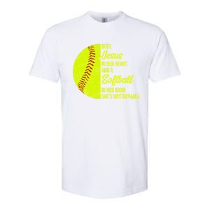 With Jesus In Her Heart Softball Gift Softstyle CVC T-Shirt