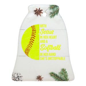 With Jesus In Her Heart Softball Gift Ceramic Bell Ornament