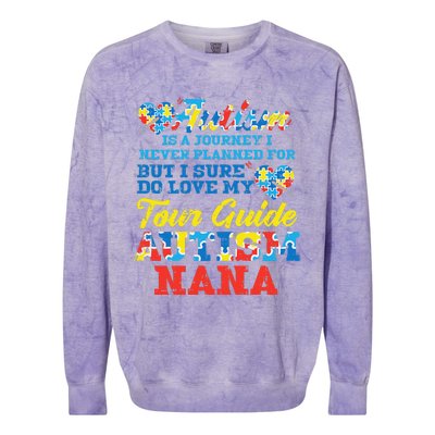 WoAutism Journey Never Planned Tour Guide Nana Grandma Women Colorblast Crewneck Sweatshirt