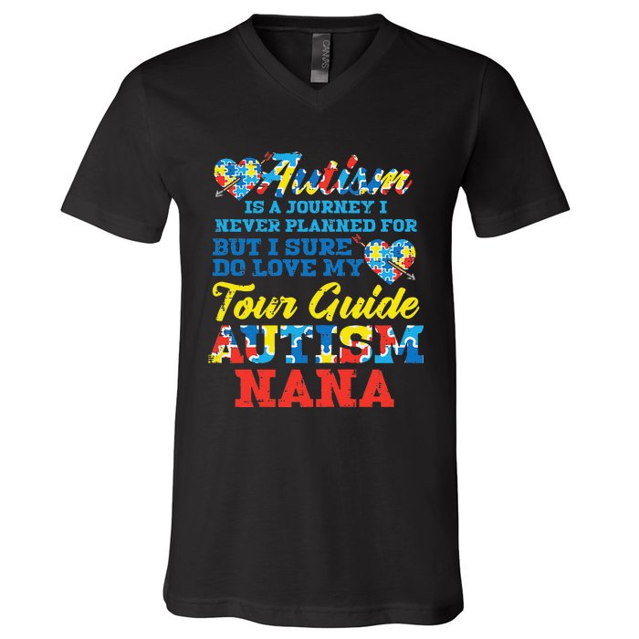 WoAutism Journey Never Planned Tour Guide Nana Grandma Women V-Neck T-Shirt