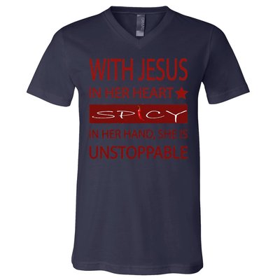 Woman Jesus PepperSpicy Hottie Funny With Chili Pepper V-Neck T-Shirt