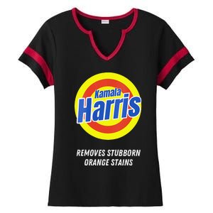 Women Kamala Harris 2024 Removes Stubborn Orange Stains Humorous Gift Ladies Halftime Notch Neck Tee