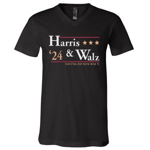 Women Kamala Harris Tim Walz Saving Democracy Election Campaign Gift V-Neck T-Shirt