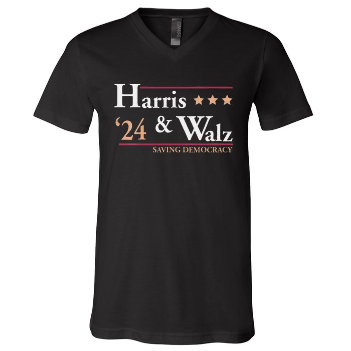 Women Kamala Harris Tim Walz Saving Democracy Election Campaign Gift V-Neck T-Shirt