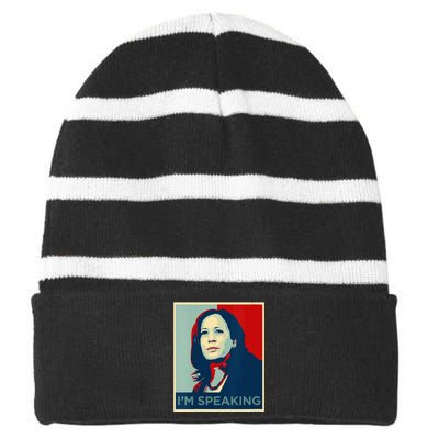 Wo Kamala Harris Im Speaking Quote Joe Biden 2024 Striped Beanie with Solid Band