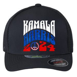 Wo Kamala Harris 2024 Vote Peace Retro Groovy President Women Vneck Flexfit Unipanel Trucker Cap