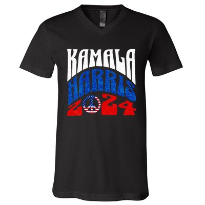 Wo Kamala Harris 2024 Vote Peace Retro Groovy President Women Vneck V-Neck T-Shirt