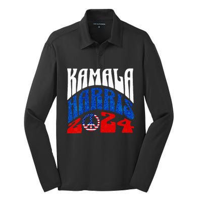 Wo Kamala Harris 2024 Vote Peace Retro Groovy President Women Vneck Silk Touch Performance Long Sleeve Polo