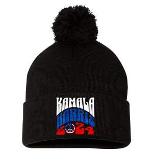 Wo Kamala Harris 2024 Vote Peace Retro Groovy President Women Vneck Pom Pom 12in Knit Beanie