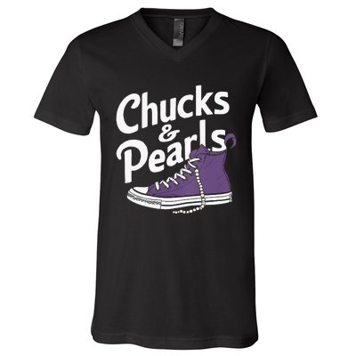 Wo Kamala Harris Chucks And Pearls 2024 Vice President Vneck V-Neck T-Shirt