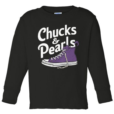 Wo Kamala Harris Chucks And Pearls 2024 Vice President Vneck Toddler Long Sleeve Shirt