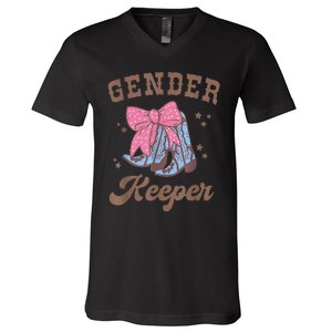 Western Keeper Of The Gender Cowboy Boots Gender Reveal V-Neck T-Shirt