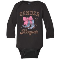 Western Keeper Of The Gender Cowboy Boots Gender Reveal Baby Long Sleeve Bodysuit