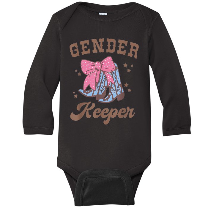 Western Keeper Of The Gender Cowboy Boots Gender Reveal Baby Long Sleeve Bodysuit