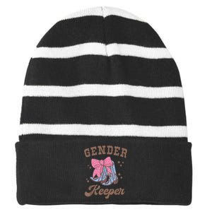 Western Keeper Of The Gender Cowboy Boots Gender Reveal Striped Beanie with Solid Band