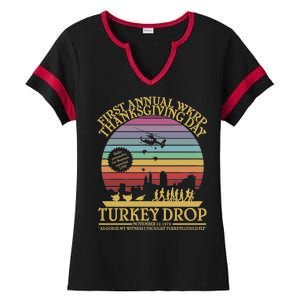 WKRP Thanksgiving Turkey Drop Funny Retro Ladies Halftime Notch Neck Tee