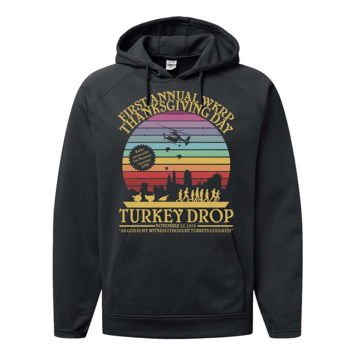 WKRP Thanksgiving Turkey Drop Funny Retro Performance Fleece Hoodie