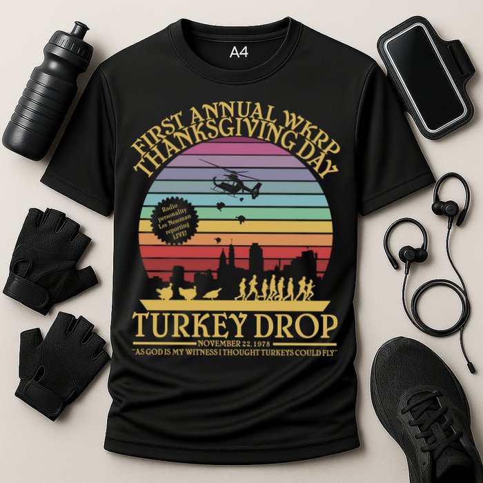 WKRP Thanksgiving Turkey Drop Funny Retro Performance Shirt