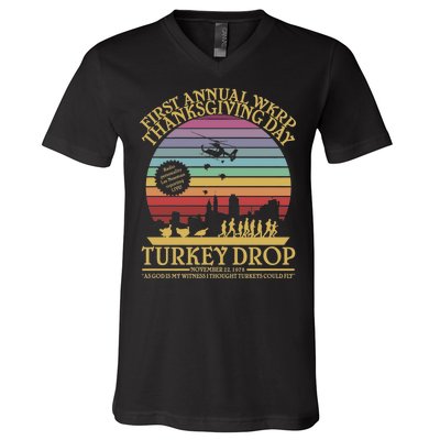 WKRP Thanksgiving Turkey Drop Funny Retro V-Neck T-Shirt