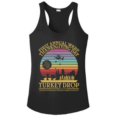 WKRP Thanksgiving Turkey Drop Funny Retro Ladies PosiCharge Competitor Racerback Tank