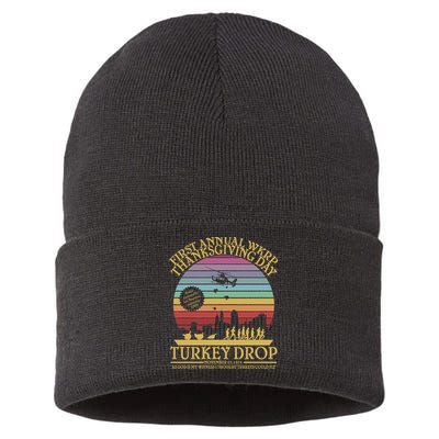 WKRP Thanksgiving Turkey Drop Funny Retro Sustainable Knit Beanie