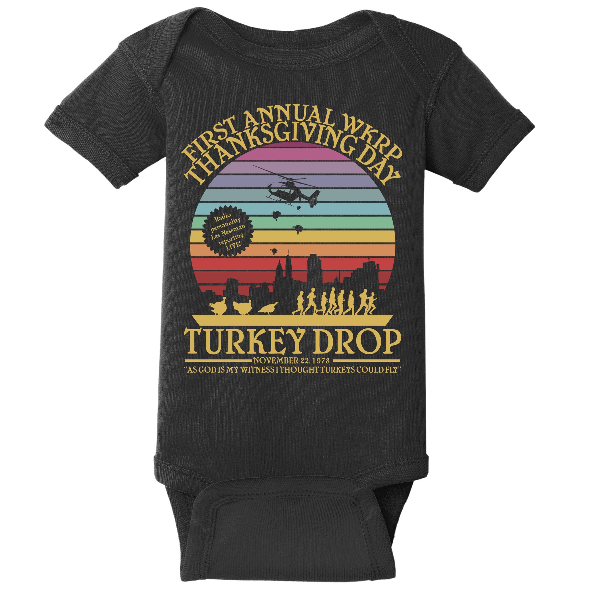 WKRP Thanksgiving Turkey Drop Funny Retro Baby Bodysuit