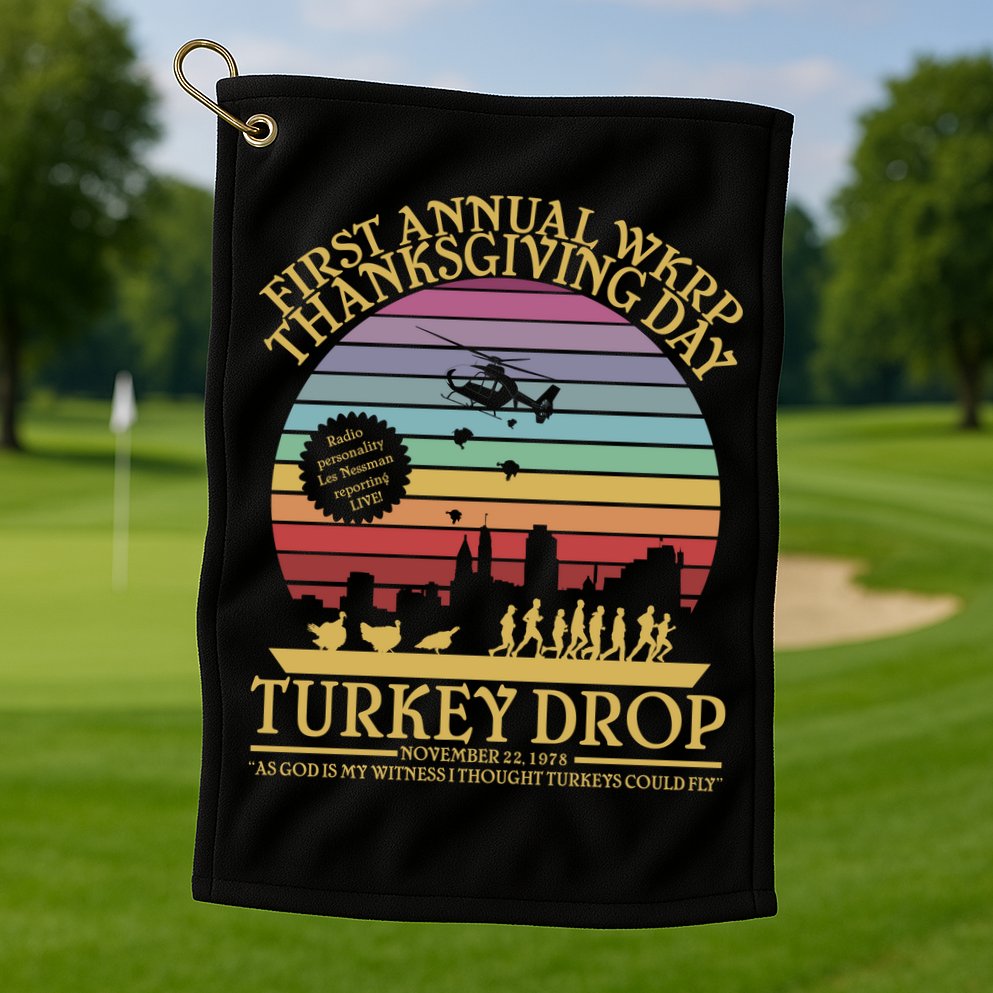 WKRP Thanksgiving Turkey Drop Funny Retro Golf Towel