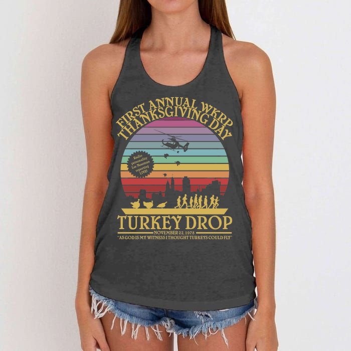 WKRP Thanksgiving Turkey Drop Funny Retro Women's Knotted Racerback Tank