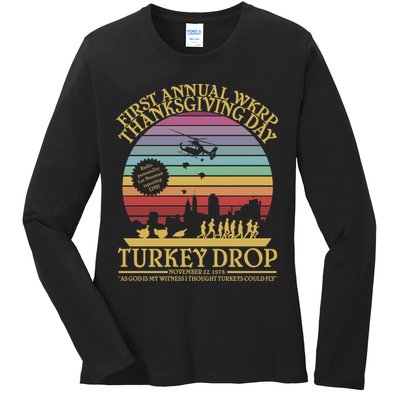 WKRP Thanksgiving Turkey Drop Funny Retro Ladies Long Sleeve Shirt