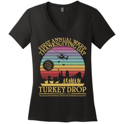 WKRP Thanksgiving Turkey Drop Funny Retro Women's V-Neck T-Shirt