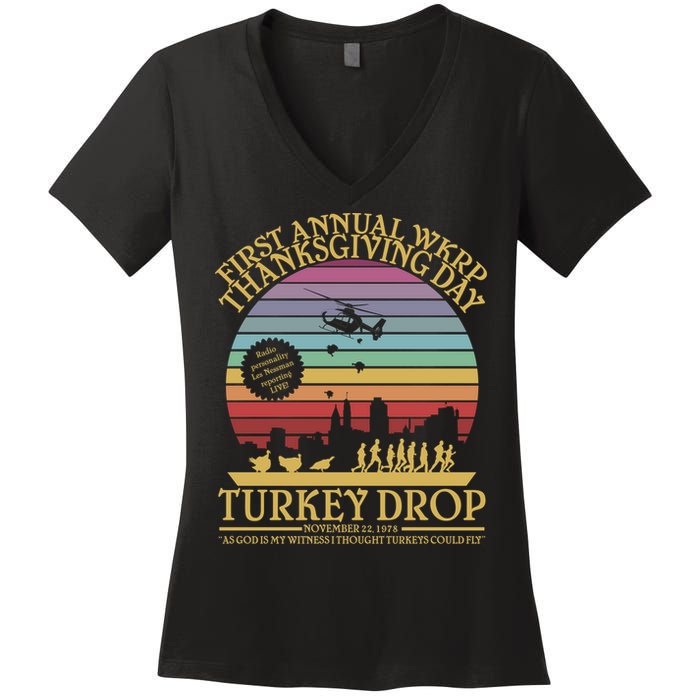 WKRP Thanksgiving Turkey Drop Funny Retro Women's V-Neck T-Shirt