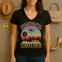 WKRP Thanksgiving Turkey Drop Funny Retro Women's V-Neck T-Shirt
