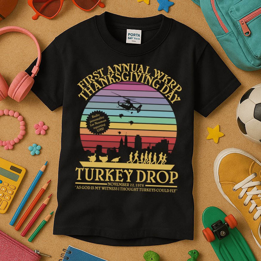 WKRP Thanksgiving Turkey Drop Funny Retro Kids T-Shirt