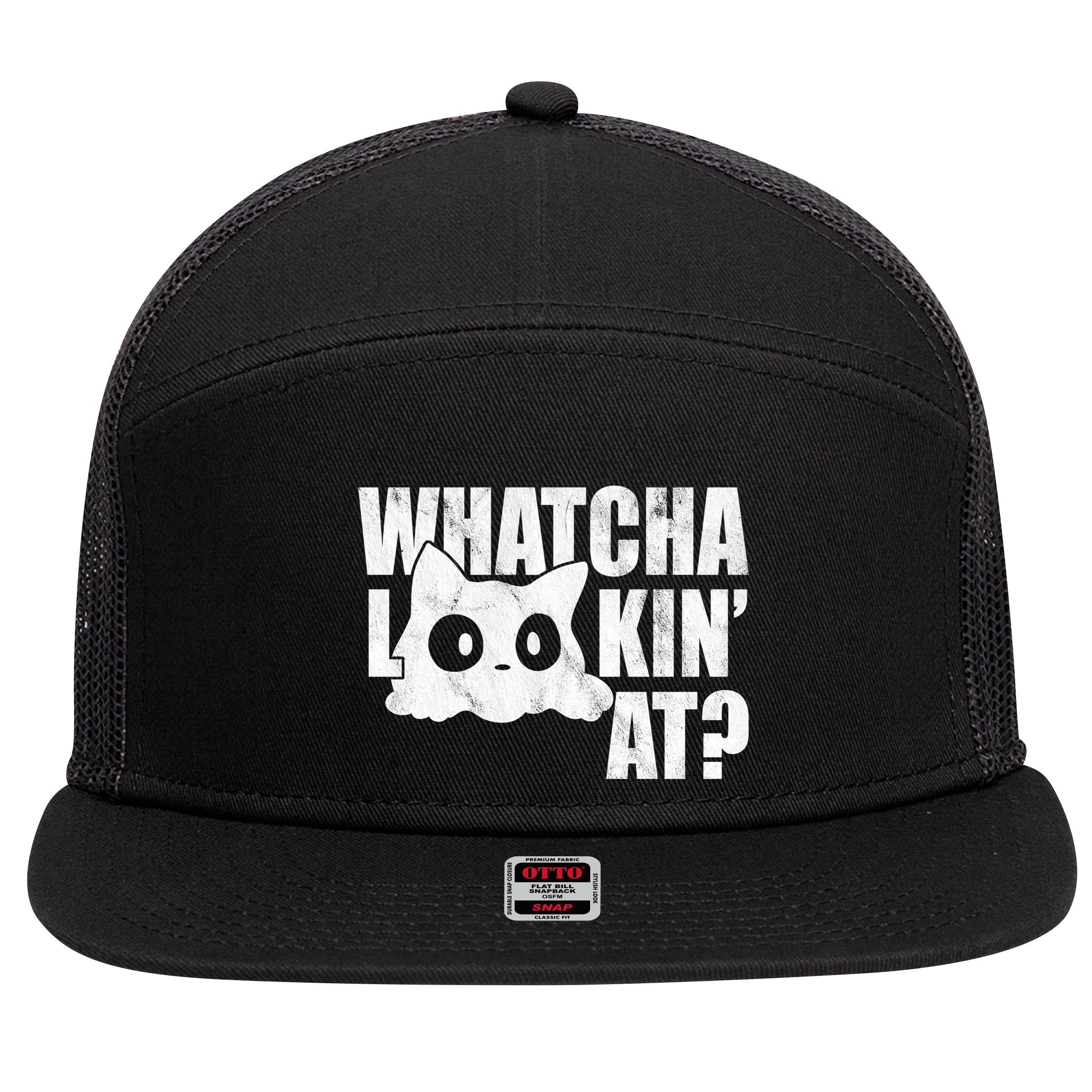 Watcha Lookin At Funny Cat 7 Panel Mesh Trucker Snapback Hat