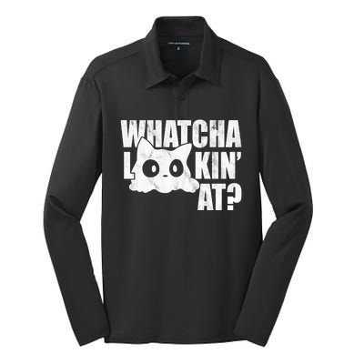 Watcha Lookin At Funny Cat Silk Touch Performance Long Sleeve Polo