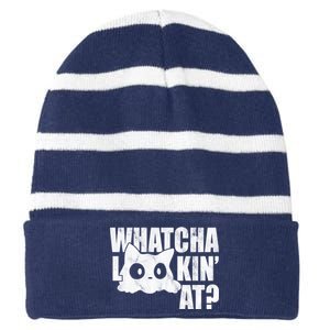 Watcha Lookin At Funny Cat Striped Beanie with Solid Band