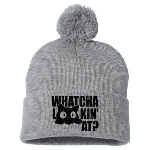 Watcha Lookin At Funny Cat Pom Pom 12in Knit Beanie