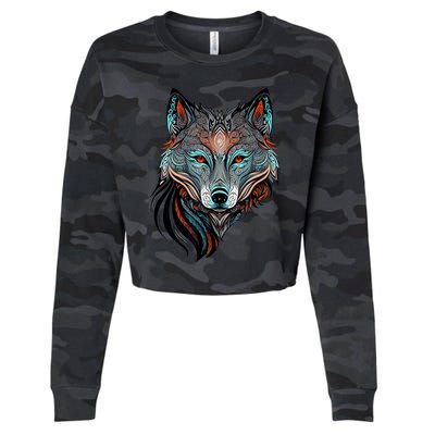 Wolf Lover Amazing Color Tribal Animal Face Wolf Cropped Pullover Crew