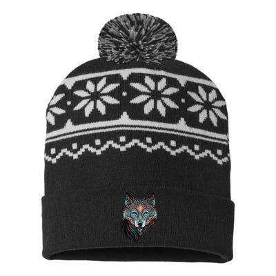 Wolf Lover Amazing Color Tribal Animal Face Wolf USA-Made Snowflake Beanie