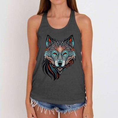 Wolf Lover Amazing Color Tribal Animal Face Wolf Women's Knotted Racerback Tank