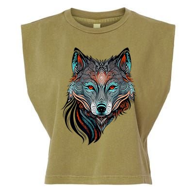 Wolf Lover Amazing Color Tribal Animal Face Wolf Garment-Dyed Women's Muscle Tee