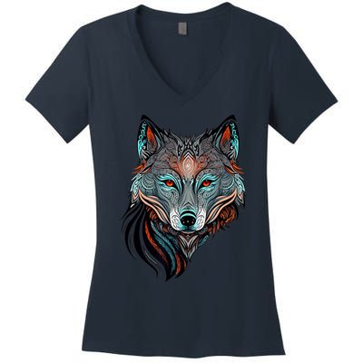 Wolf Lover Amazing Color Tribal Animal Face Wolf Women's V-Neck T-Shirt