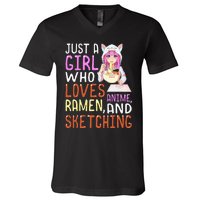  Who Loves Anime Ra and Sketching Kawaii  V-Neck T-Shirt